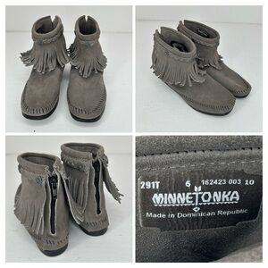 Minnetonka Moccasin Ankle Fringe Boot Size 6 Grey Suede Southwestern Aztec